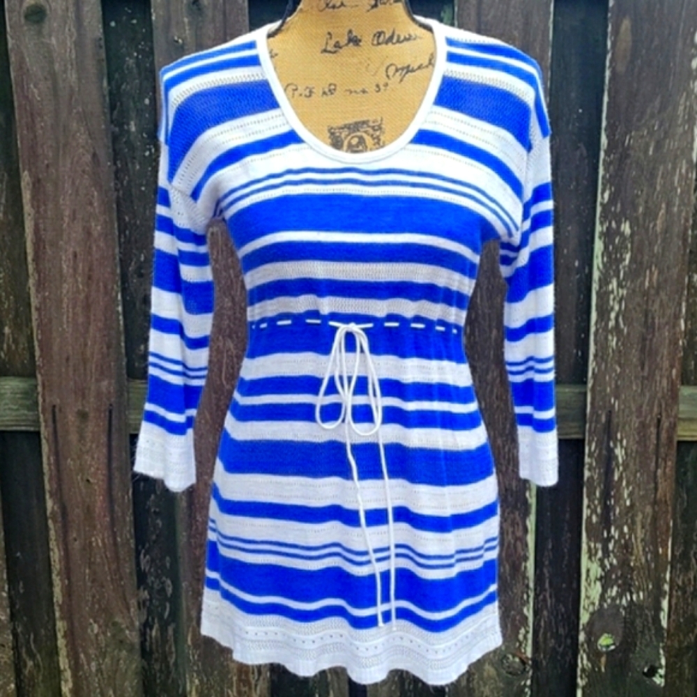 Motherhood Maternity Striped  Babydoll Pointelle Sweater with Drawstring Tie - Picture 3 of 17